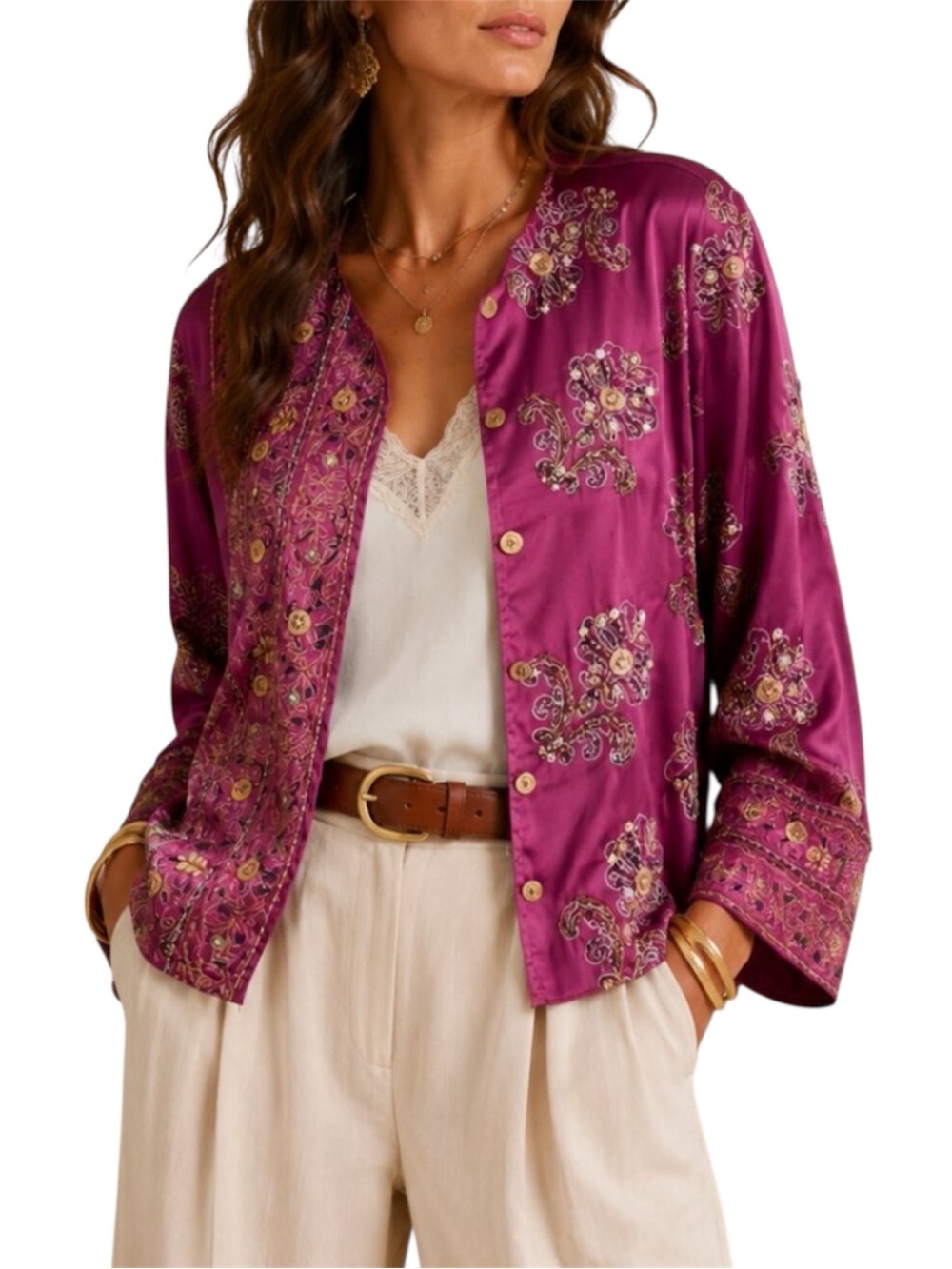 Chico's Embroidered Beaded Satin Jacket Boho Luxe Statement Topper